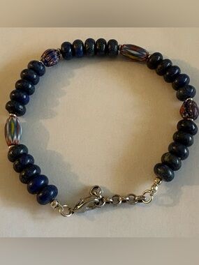 Dark Blue Lapis rhondelle Beaded Bracelet with Antique beads